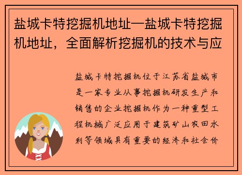 盐城卡特挖掘机地址—盐城卡特挖掘机地址，全面解析挖掘机的技术与应用